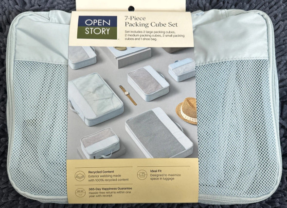OPEN STORY 7-PIECE PACKING CUBE SET 100% RECYCLED POLYESTER CUBE - AQUA BLUE