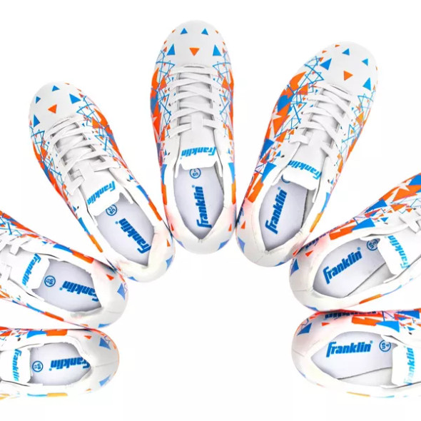 FRANKLIN SPORTS SOCCER CLEAT DESIGN HARD OUTSOLE SIZE: Y-11 - WHITE/ORANGE/BLUE