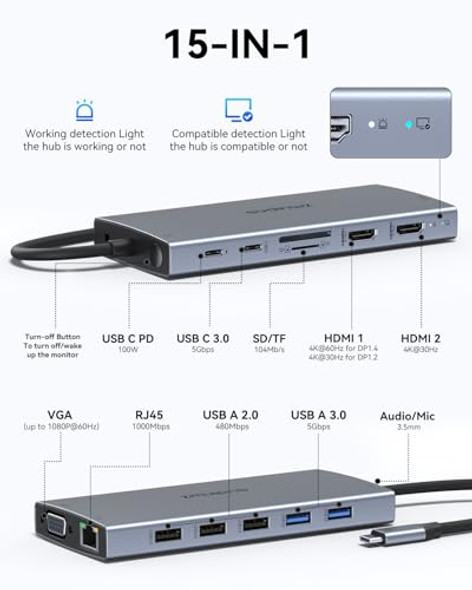 USB C Docking Station Dual Monitor 15 in 1 Laptop Docking Station Triple Display USB C Docking Station Dual Monitor 15 in 1 Laptop Docking Station Triple Display
