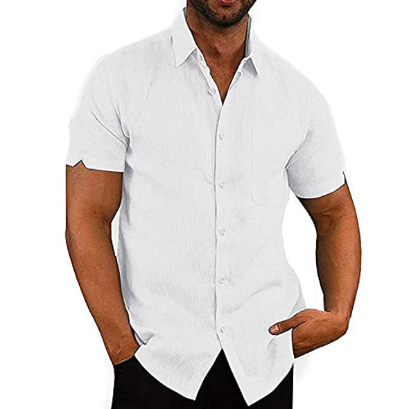 JEKAOYI BUTTON DOWN SHORT SLEEVE LINEN SHIRTS MEN SUMMER BEACH - SIZE XL - WHITE New JEKAOYI BUTTON DOWN SHORT SLEEVE LINEN SHIRTS MEN SUMMER BEACH - SIZE XL - WHITE New