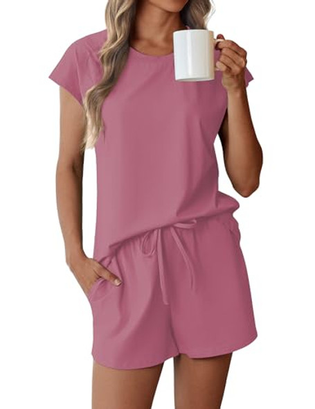 Ekouaer Cotton Pajamas for Women Set 2 Piece Cap Sleeve Pjs Shorts - Old Rose Ekouaer Cotton Pajamas for Women Set 2 Piece Cap Sleeve Pjs Shorts - Old Rose