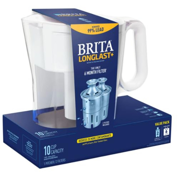 BRITA LARGE 10-CUP WATER FILTER PITCHER WITH 2 LONGLAST+ FILTERS - WAVE New BRITA LARGE 10-CUP WATER FILTER PITCHER WITH 2 LONGLAST+ FILTERS - WAVE New