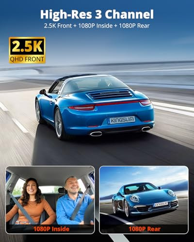KINGSLIM 3 Channel 5G WIFI Dash Cam + 64GB, Front, Rear Inside Dashcam O3PRO