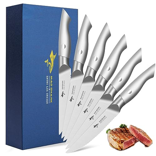 MAD SHARK PREMIUM STEAK KNIFE SET OF 6 RAZOR SHARP BLADE DJN013 - SILVER