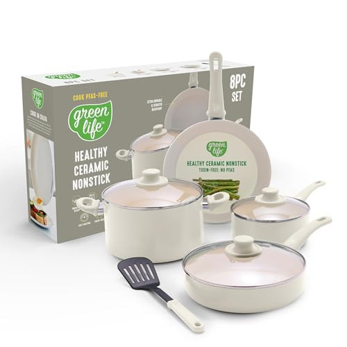 GreenLife 8 Piece Nonstick Cookware Set, Pots & Pans, Dishwasher, Wobble Free