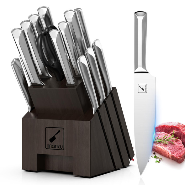 IMARKU 16 PIECE KNIFE SET, STAINLESS STEEL, KITCHEN SHARPENER K19 - DARK GRAY