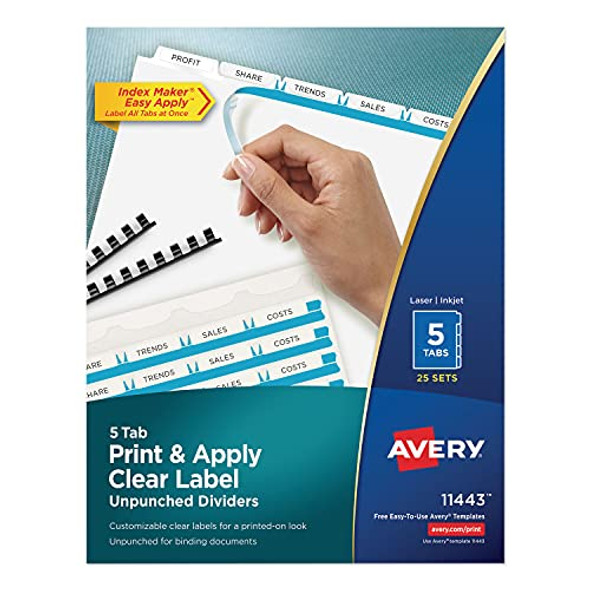 AVERY PRINT & APPLY CLEAR LABEL UNPUNCHED DIVIDERS 5-TAB 25 SETS - 11443 - MULTI AVERY PRINT & APPLY CLEAR LABEL UNPUNCHED DIVIDERS 5-TAB 25 SETS - 11443 - MULTI