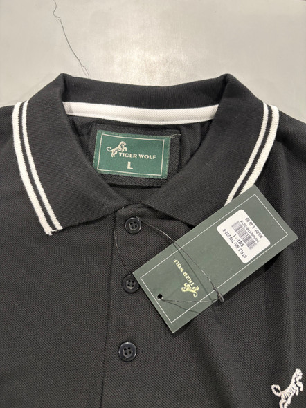 TIGER WOLF 3 BUTTON POLO SHIRT - SIZE: MEN L - BLACK/WHITE New TIGER WOLF 3 BUTTON POLO SHIRT - SIZE: MEN L - BLACK/WHITE New