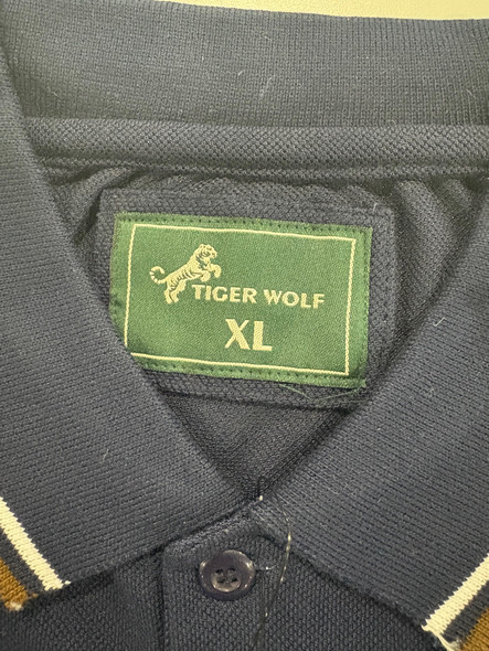 TIGER WOLF 3 BUTTON POLO SHIRT - SIZE: MEN XL - NAVY/WHITE/BROWN New TIGER WOLF 3 BUTTON POLO SHIRT - SIZE: MEN XL - NAVY/WHITE/BROWN New