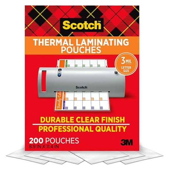 Scotch Thermal Laminating Pouches, 200 Count, Clear, 3 mil. New Scotch Thermal Laminating Pouches, 200 Count, Clear, 3 mil. New