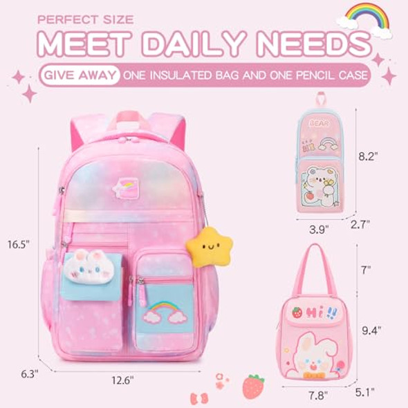 FISENT 3PCS KIDS BACKPACK FOR GIRLS,GIRLS BACKPACK SET,CUTE BUNNY RAINBOW