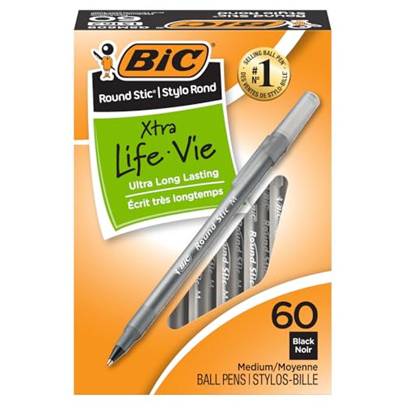 BIC ROUND STIC XTRA LIFE BALLPOINT PEN ULTRA LASTING COUNT IN BLACK INK - BLACK New BIC ROUND STIC XTRA LIFE BALLPOINT PEN ULTRA LASTING COUNT IN BLACK INK - BLACK New