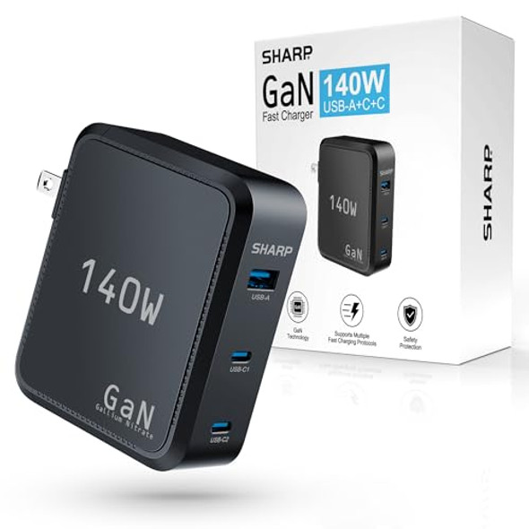 SHARP 140W USB C CHARGER, COMPACT FOLDABLE GAN FAST CHARGE QV16 - BLACK
