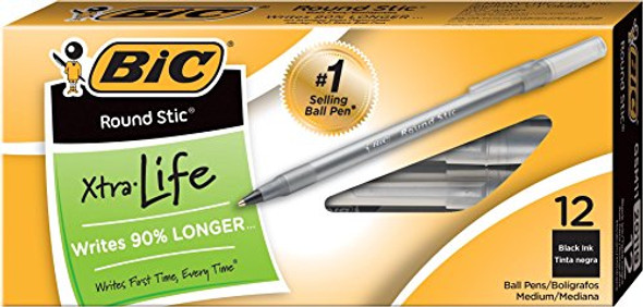 BIC ROUND STIC XTRA LIFE BALLPOINT PEN, MEDIUM POINT (1.0MM), 12-COUNT - BLACK New BIC ROUND STIC XTRA LIFE BALLPOINT PEN, MEDIUM POINT (1.0MM), 12-COUNT - BLACK New
