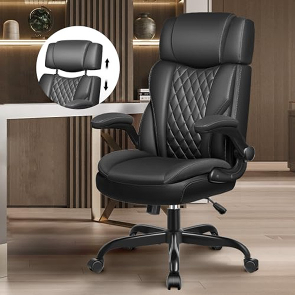 BESTGLORY OFFICE CHAIR FLIP UP ARMS EXECUTIVE LEATHER OFFICE CHAIR - BLACK