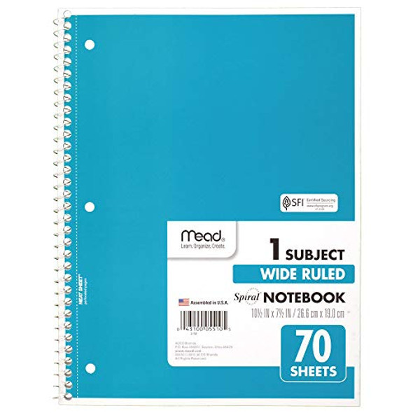 MEAD SPIRAL NOTEBOOK 1 SUBJECT WIDE RULED 70 SHEETS 10-1/2" X 8" 05510AY7 BLUE New MEAD SPIRAL NOTEBOOK 1 SUBJECT WIDE RULED 70 SHEETS 10-1/2" X 8" 05510AY7 BLUE New