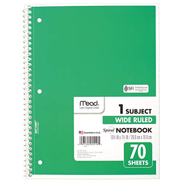 MEAD SPIRAL NOTEBOOK, 1 SUBJECT, WIDE RULED PAPER, 70 SHEETS (05510AC5) - GREEN New MEAD SPIRAL NOTEBOOK, 1 SUBJECT, WIDE RULED PAPER, 70 SHEETS (05510AC5) - GREEN New