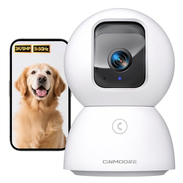 CINMOORE 5G SECURITY CAMERA INDOOR, 3K PET/DOG CAMERA WITH APP, 0-GLOW - WHITE