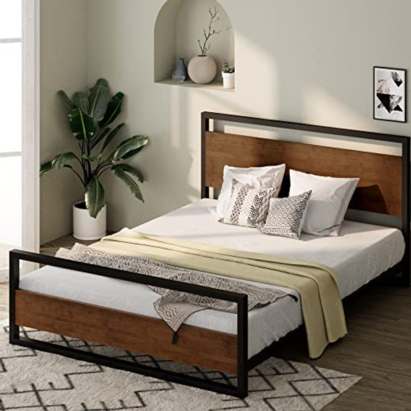 ZINUS SUZANNE BAMBOO METAL PLATFORM BED FRAME FOOTBOARD WOOD SLAT QN - BROWN