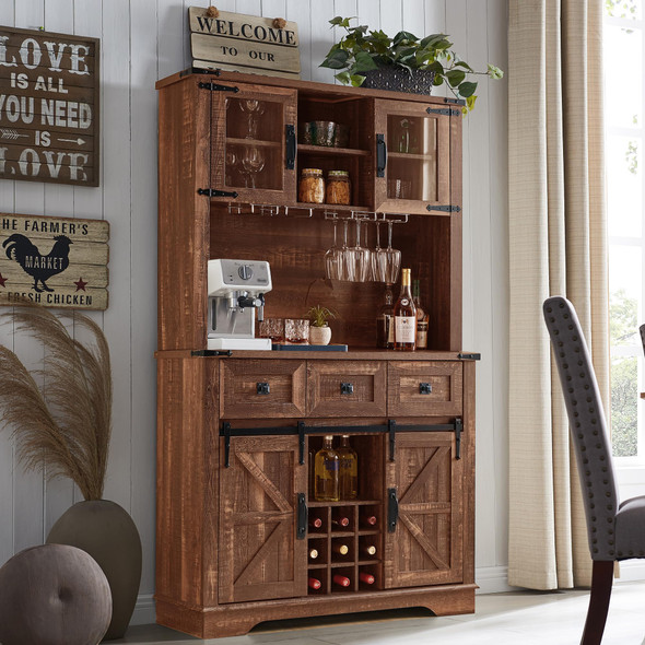 OKD 72" Farmhosue Bar Cabinet Sliding Barn Door Large Kitchen Buffet - Reclaimed OKD 72" Farmhosue Bar Cabinet Sliding Barn Door Large Kitchen Buffet - Reclaimed