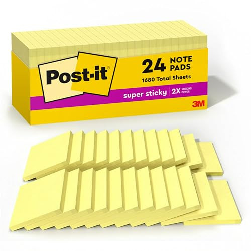 POST-IT SUPER STICKY NOTES, 24 STICKY NOTE PADS, 3 X 3 IN, CANARY YELLOW New