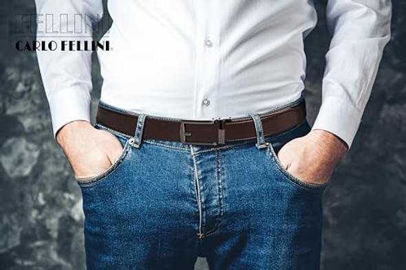 CARLO FELLINI GENUINE LEATHER RATCHET BELT – BROWN BELT/BLACK BUCKLE 28-52