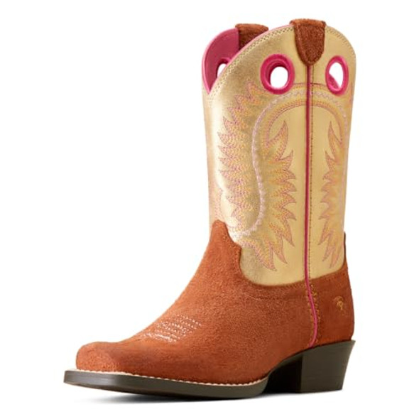 ARIAT KIDS DERBY MONROE - SIZE: YOUTH 5.5 - TERRACOTTA ROUGHOUT AND ROYAL GOLD New ARIAT KIDS DERBY MONROE - SIZE: YOUTH 5.5 - TERRACOTTA ROUGHOUT AND ROYAL GOLD New