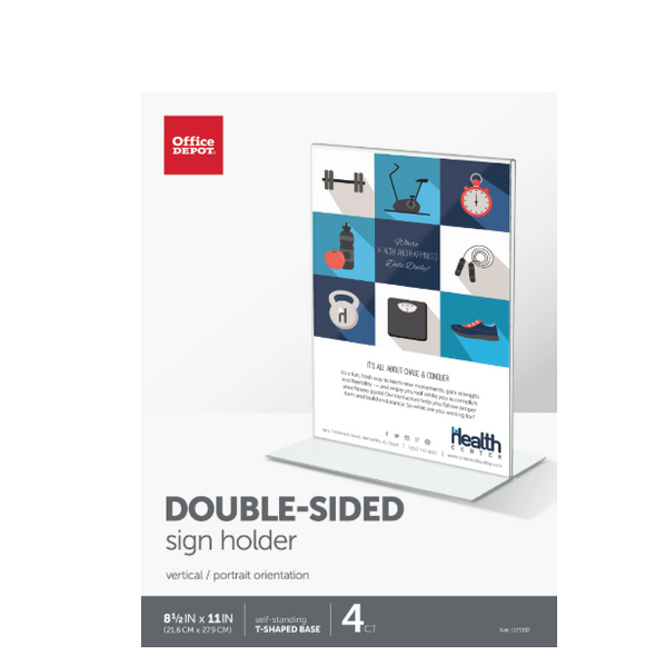 OFFICE DEPOT BRAND STAND-UP SIGN HOLDER VERTICAL, 11"H X 8-1/2"W CLEAR PACK OF 4 New OFFICE DEPOT BRAND STAND-UP SIGN HOLDER VERTICAL, 11"H X 8-1/2"W CLEAR PACK OF 4 New
