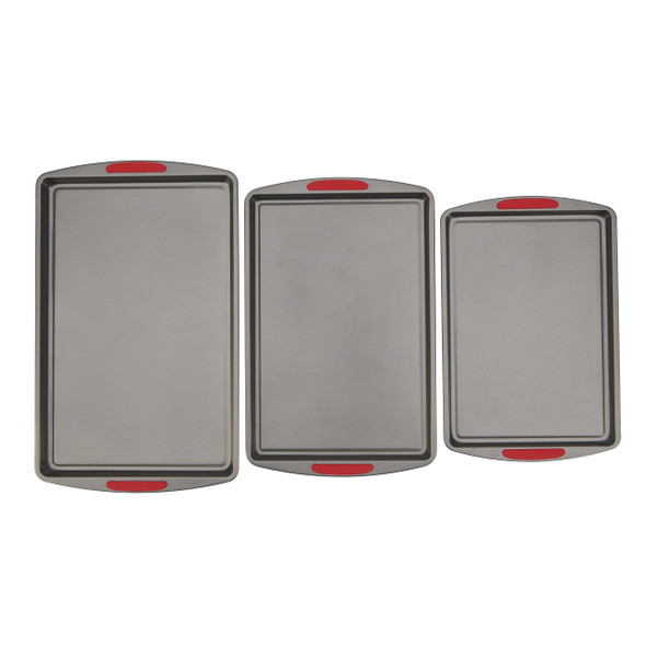 GOODCOOK MEGAGRIP SET OF 3 NONSTICK COOKIE SHEETS, SILICONE HANDLES - GRAY New GOODCOOK MEGAGRIP SET OF 3 NONSTICK COOKIE SHEETS, SILICONE HANDLES - GRAY New