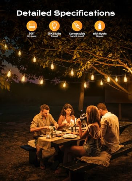BRIGHTOWN 50FT OUTDOOR STRING LIGHTS 25 LED EDISON BULBS PATIO LIGHTS - BLACK BRIGHTOWN 50FT OUTDOOR STRING LIGHTS 25 LED EDISON BULBS PATIO LIGHTS - BLACK