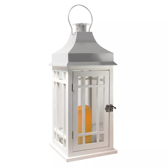 LUMABASE WOODEN LANTERN BATTERY-OPERATED CANDLE - WHITE WITH CHROME ROOF LUMABASE WOODEN LANTERN BATTERY-OPERATED CANDLE - WHITE WITH CHROME ROOF