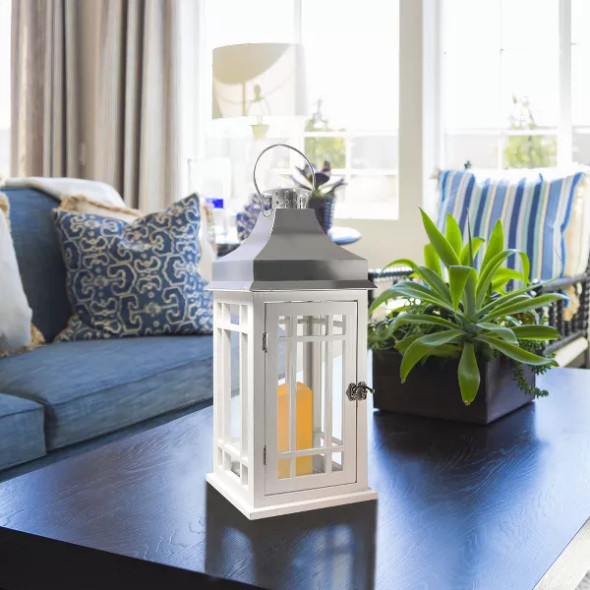 LUMABASE WOODEN LANTERN BATTERY-OPERATED CANDLE - WHITE WITH CHROME ROOF LUMABASE WOODEN LANTERN BATTERY-OPERATED CANDLE - WHITE WITH CHROME ROOF
