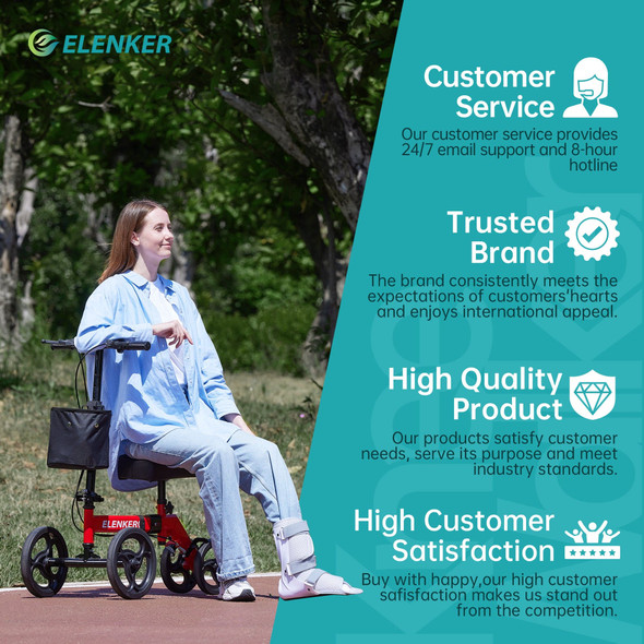 ELENKER STEERABLE DELUXE MEDICAL KNEE WALKER 10" WHEELS - RED