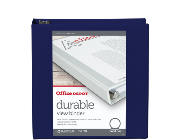 OFFICE DEPOT® BRAND DURABLE VIEW 3-RING BINDER, 2" ROUND RINGS, BLUE - BLUE OFFICE DEPOT® BRAND DURABLE VIEW 3-RING BINDER, 2" ROUND RINGS, BLUE - BLUE