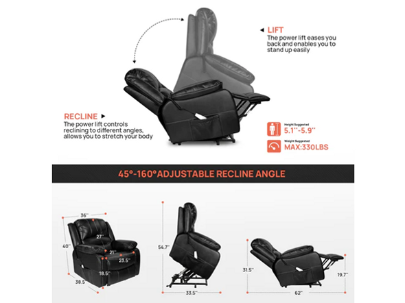 QOMOTOP POWER LIFT FAUX LEATHER RECLINER CHAIR - BLACK QOMOTOP POWER LIFT FAUX LEATHER RECLINER CHAIR - BLACK