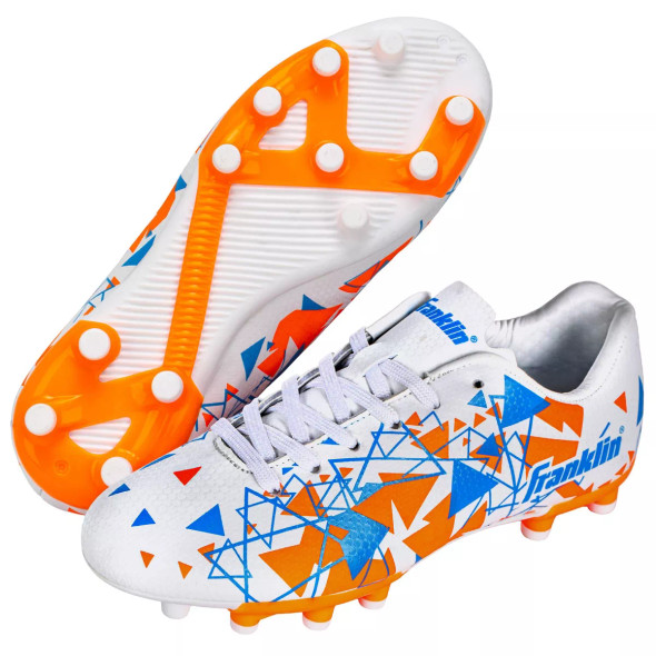 FRANKLIN SPORTS SIZE 12 YOUTH SOCCER CLEATS - SIZE: MEN Y-12 - WHITE/ORANGE/BLUE FRANKLIN SPORTS SIZE 12 YOUTH SOCCER CLEATS - SIZE: MEN Y-12 - WHITE/ORANGE/BLUE