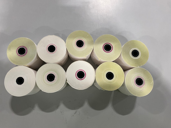 UNIVERSAL 10 ROLLS 2-PLY 3" X 90' CARBONLESS POS PAPER ROLLS - WHITE/CANARY New UNIVERSAL 10 ROLLS 2-PLY 3" X 90' CARBONLESS POS PAPER ROLLS - WHITE/CANARY New