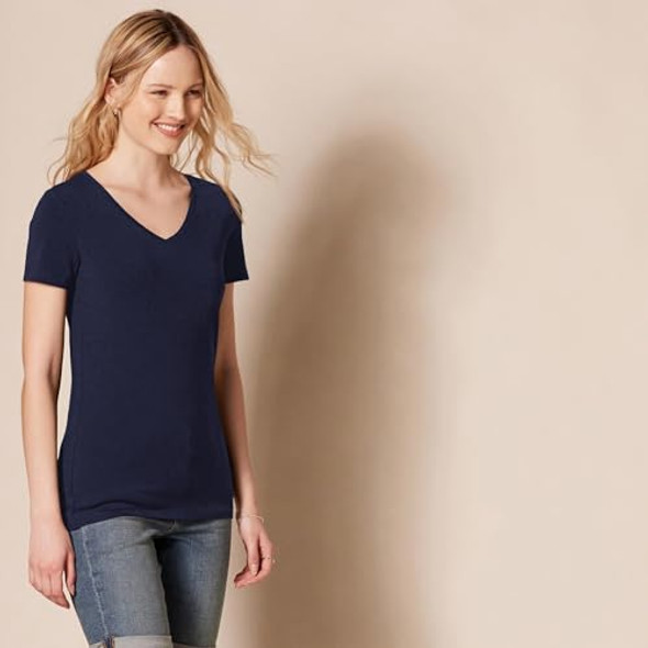 AMAZON ESSENTIALS WOMEN'S REGULAR-FIT V-NECK T-SHIRT XXL - NAVY/WHITE AMAZON ESSENTIALS WOMEN'S REGULAR-FIT V-NECK T-SHIRT XXL - NAVY/WHITE