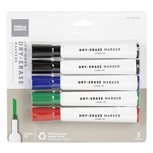 OFFICE DEPOT 100% RECYCLED LOW ODOR DRY ERASE MARKERS CHISEL 5PK_ASSORTED New OFFICE DEPOT 100% RECYCLED LOW ODOR DRY ERASE MARKERS CHISEL 5PK_ASSORTED New