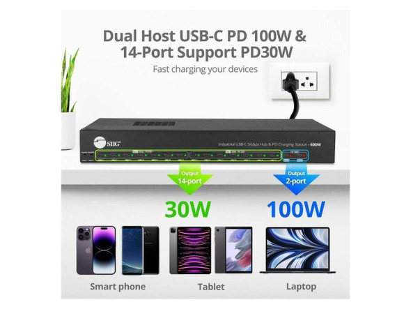 SIIG 16-port Industrial 600W USB-C PD Charging Station with 5Gbps USB Hub - SIIG