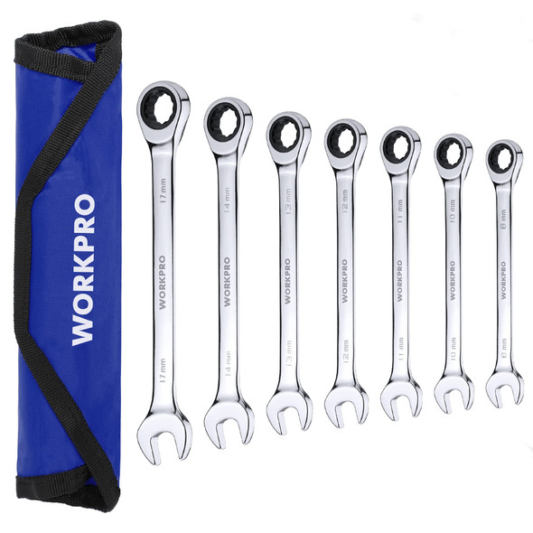 WORKPRO 7-PIECE RATCHETING COMBINATION WRENCH SET 72 TEETH CR-V METRIC 8MM-17MM WORKPRO 7-PIECE RATCHETING COMBINATION WRENCH SET 72 TEETH CR-V METRIC 8MM-17MM