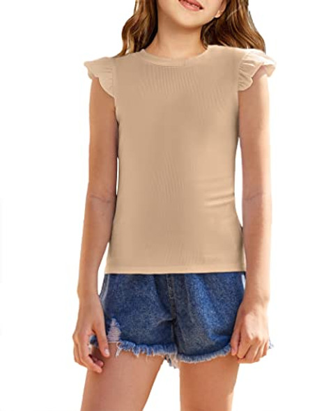 FLYPIGS GIRLS T SHIRTS RUFFLE SLEEVE SUMMER CASUAL RIBBED 5-6Y WOMEN 120 - BEIGE New FLYPIGS GIRLS T SHIRTS RUFFLE SLEEVE SUMMER CASUAL RIBBED 5-6Y WOMEN 120 - BEIGE New