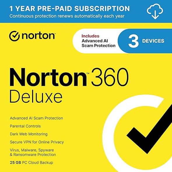 Norton 360 Deluxe 2025 for 3 Devices 12 Month Subscription - Digital Delivery Norton 360 Deluxe 2025 for 3 Devices 12 Month Subscription - Digital Delivery