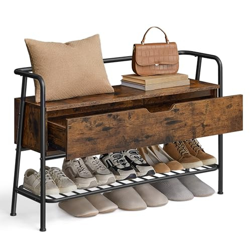 VASAGLE SHOE STORAGE BENCH WITH SEATING LSB151K01 - Rustic Brown/Ink Black