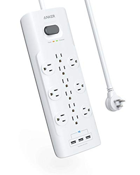 ANKER POWER STRIP SURGE PROTECTOR 12 OUTLETS 3 USB-A 4000 JOULES A2762 - WHITE