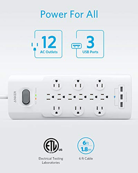 ANKER POWER STRIP SURGE PROTECTOR 12 OUTLETS 3 USB-A 4000 JOULES A2762 - WHITE