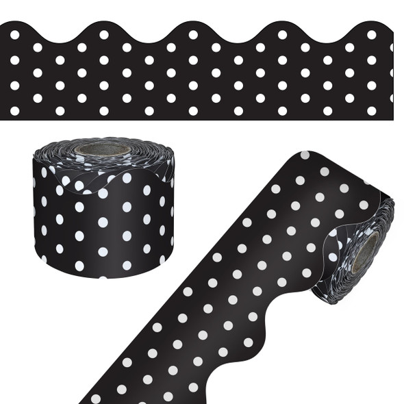 CARSON DELLOSA 65' BLACK WITH WHITE POLKA DOTS ROLLED SCALLOPED BULLETIN BOARD New CARSON DELLOSA 65' BLACK WITH WHITE POLKA DOTS ROLLED SCALLOPED BULLETIN BOARD New