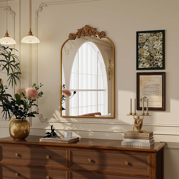 BEAUTYPEAK 26-IN W X 38.0-IN H ARCH FRAMED WALL MIRROR - BROWN