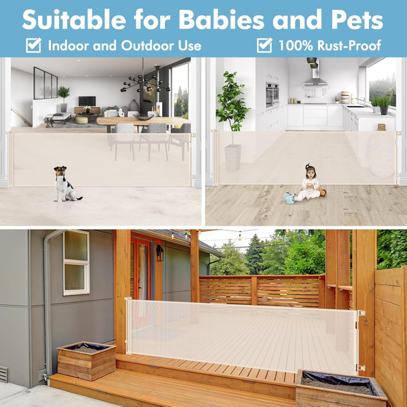 KISKIZ 110 INCH WIDE RETRACTABLE BABY GATE RETRACTABLE DOG GATE - BEIGE