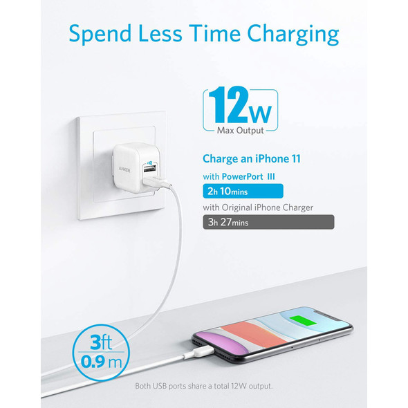 ANKER POWERPORT III 2-PORT 12W USB WALL CHARGER 3FT LIGHTNING CABLE - WHITE